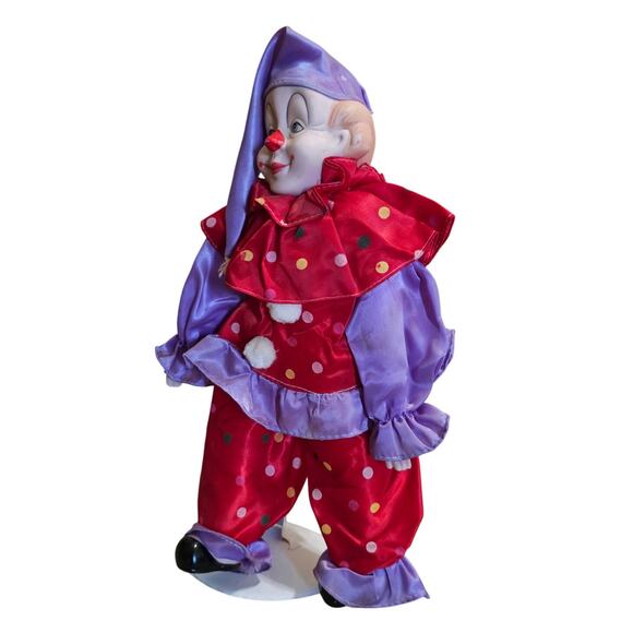 Vintage Porcelain Clown Doll Purple & Red Polka Dot Collectible Circus Figurine - Picture 8 of 9